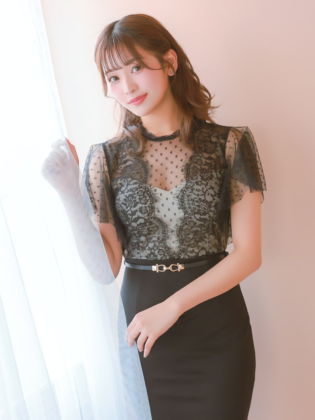半袖 ドット柄 シアーレース 切り替え ウエストベルト付き タイトミニドレスのイメージ画像1