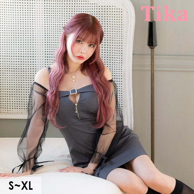 タイト ミニドレス 長袖 谷間 ストレッチ 肩出し 二の腕カバー ジップ パフスリーブ キャバドレスのメイン画像