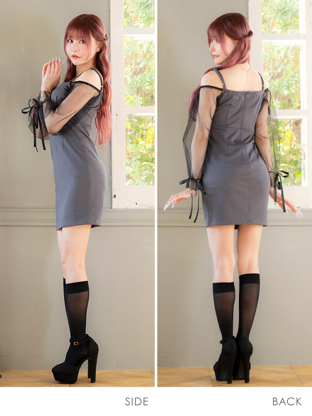 タイト ミニドレス 長袖 谷間 ストレッチ 肩出し 二の腕カバー ジップ パフスリーブ キャバドレスのサイドバッグ全身