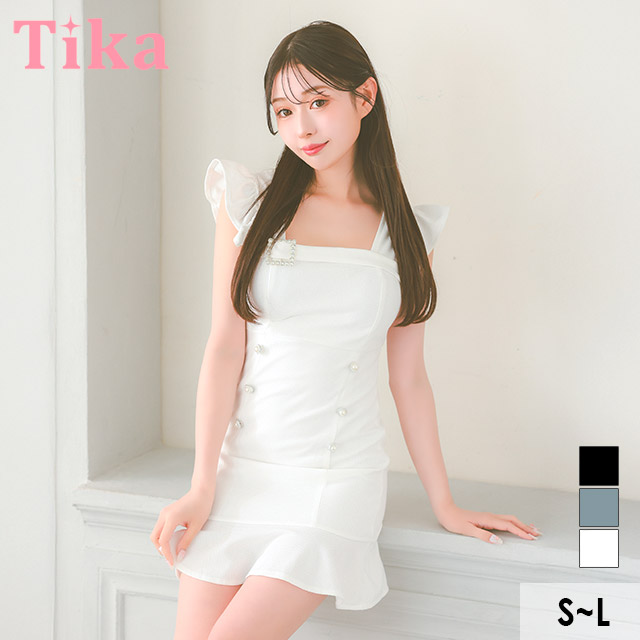 ノースリーブブリル袖ワンカラーパールダブルボタン裾フリルストレッチタイトミニドレスのメイン画像