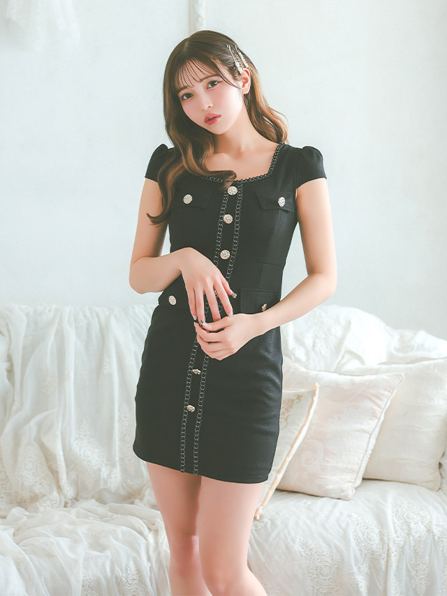 半袖 パイピング ゴールドボタン フェイクポケット ストレッチ タイトミニドレスのイメージ画像1