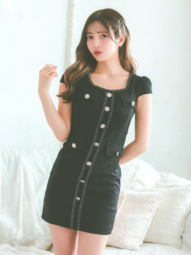 半袖 パイピング ゴールドボタン フェイクポケット ストレッチ タイトミニドレスのイメージ画像1