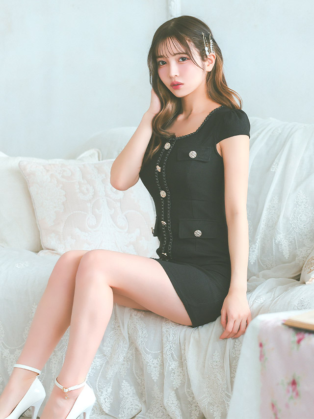 半袖 パイピング ゴールドボタン フェイクポケット ストレッチ タイトミニドレスのイメージ画像4