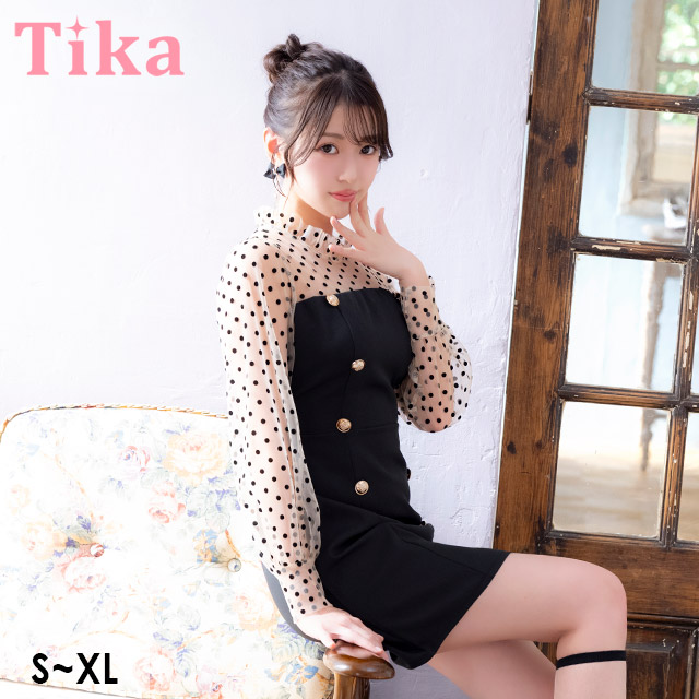 ワンピース Aライン ミニドレス 長袖 上品 ハイネック ドット柄 パフスリーブ ダブルボタン シアースリーブ 同伴 キャバドレスのメイン画像