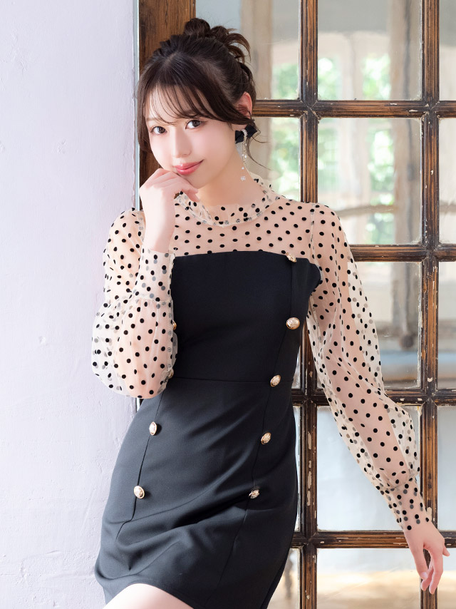 ワンピース Aライン ミニドレス 長袖 上品 ハイネック ドット柄 パフスリーブ ダブルボタン シアースリーブ 同伴 キャバドレスのイメージ画像1