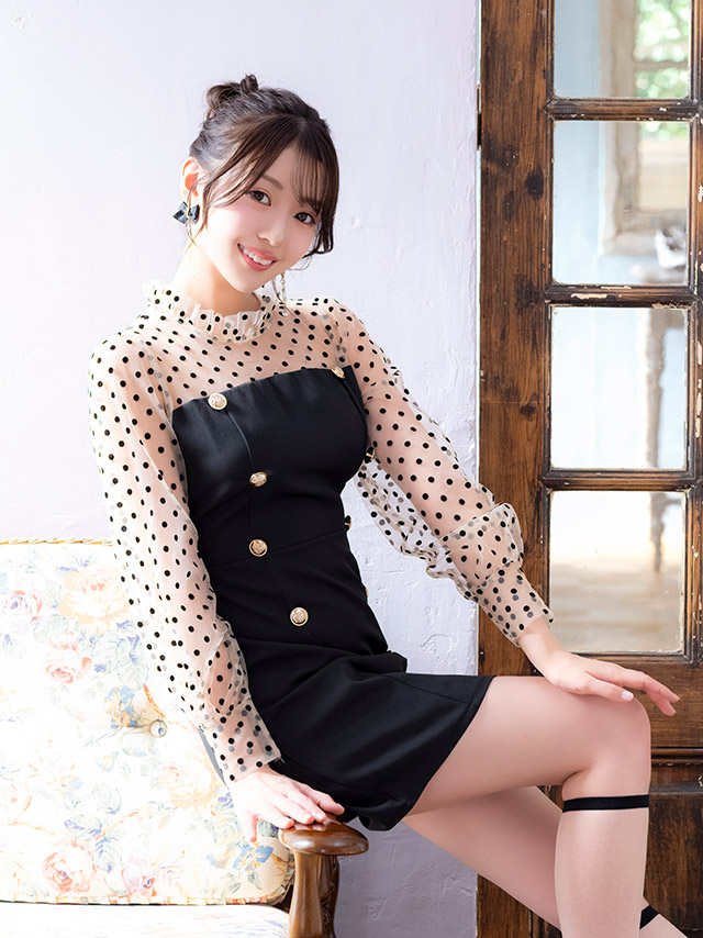 ワンピース Aライン ミニドレス 長袖 上品 ハイネック ドット柄 パフスリーブ ダブルボタン シアースリーブ 同伴 キャバドレスのイメージ画像2