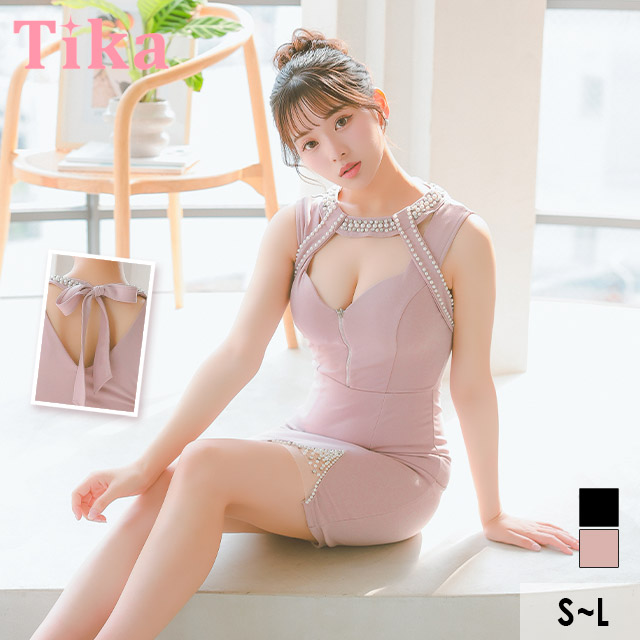 ノースリーブパールバストカットジップタイトミニドレスのメイン画像