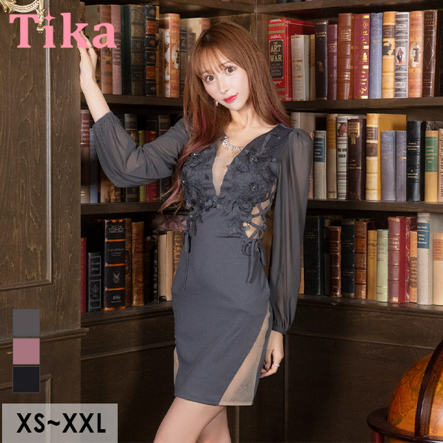 イト ミニドレス 長袖 谷間 大きいサイズ ストレッチ ビジュー シアースリーブ フラワー刺繍 くびれ透け 編み上げ キャバドレスのメイン画像