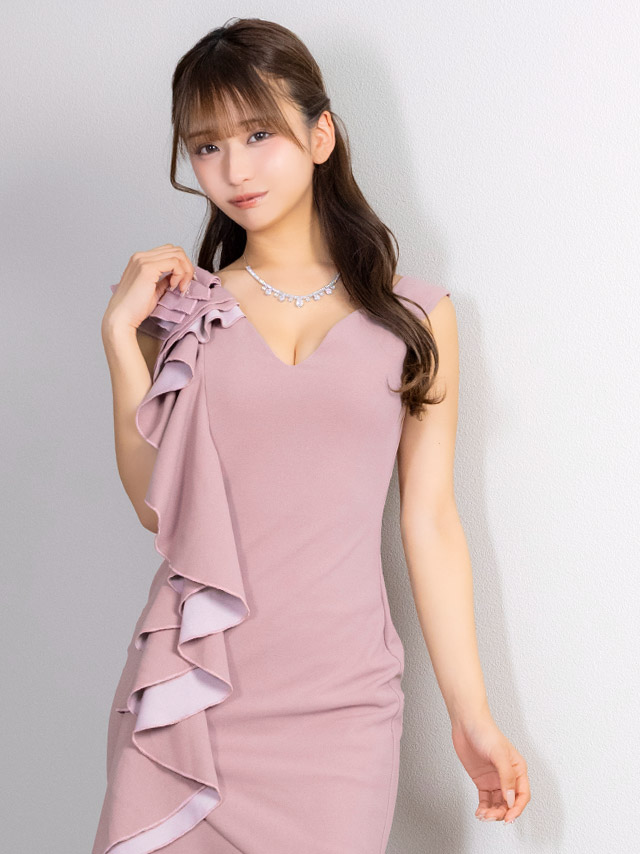 フリル袖 ノースリーブ ワンカラー マーメイドテール 膝丈ドレス