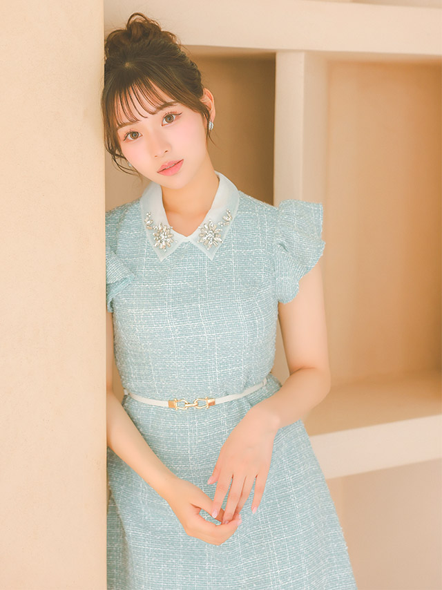襟付きフラワービジューフリル袖ウエストベルト半袖ツイードフレアミニドレスのイメージ画像1