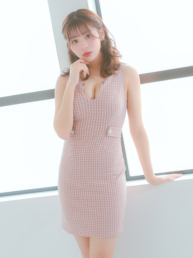 ノースリーブ 千鳥格子柄 バストカット 谷間魅せ ウエストベルト タイトミニドレスのイメージ画像1
