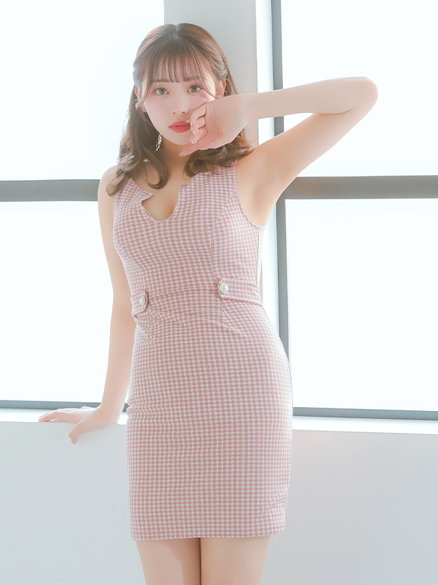 ノースリーブ 千鳥格子柄 バストカット 谷間魅せ ウエストベルト タイトミニドレスのイメージ画像4