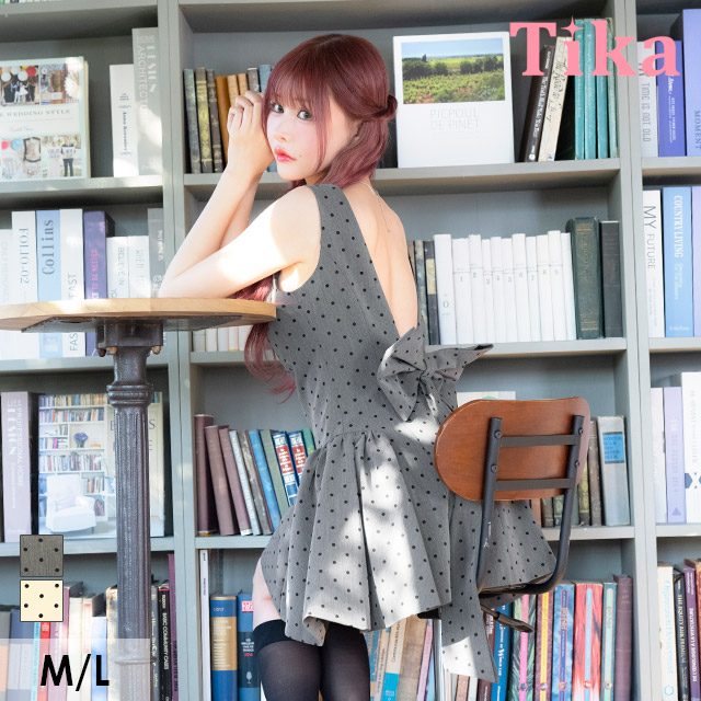 ワンピース Aライン ミニドレス ノースリーブ 上品 背中魅せ ドット柄 ピンドット バックリボン 同伴 キャバドレスのメイン画像