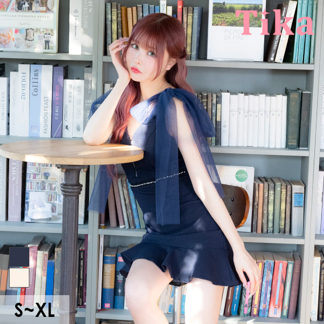 タイトミニドレス 谷間 バストジップ ノースリーブ チュールリボン ツイード 上品 (聖菜着用)のメイン画像