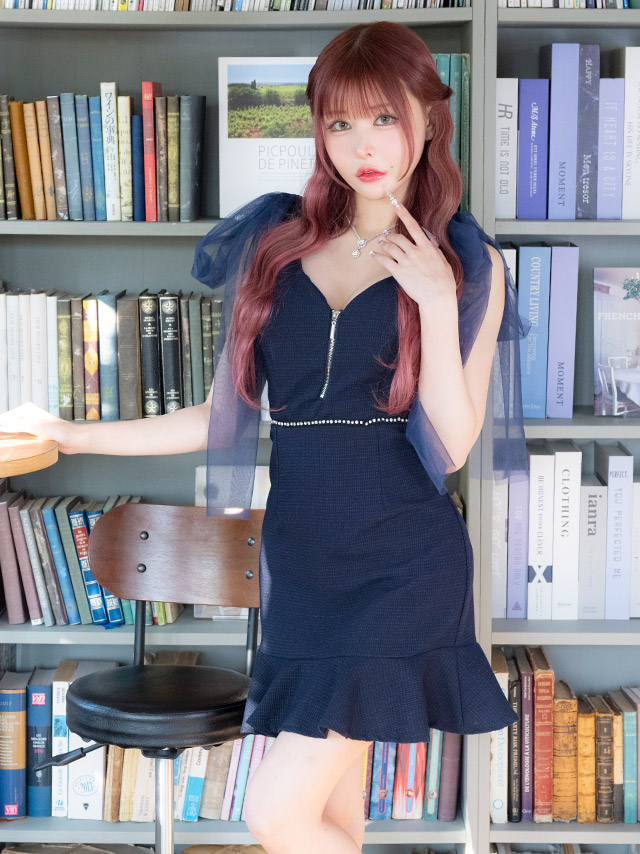 タイトミニドレス 谷間 バストジップ ノースリーブ チュールリボン ツイード 上品 (聖菜着用)のイメージ画像3