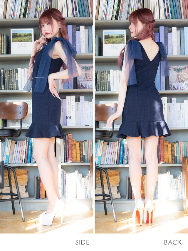 タイトミニドレス 谷間 バストジップ ノースリーブ チュールリボン ツイード 上品 (聖菜着用)のサイドバッグ全身