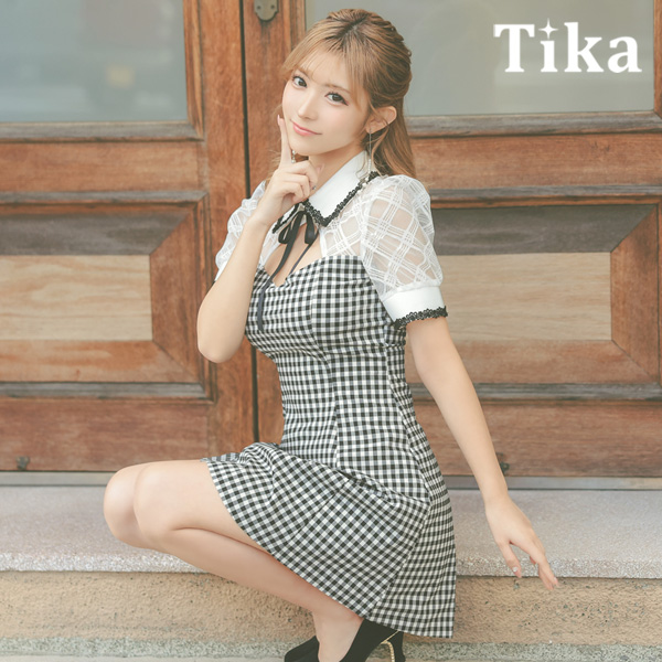 襟付き バストカット ネックリボン チェック柄 半袖 谷間魅せ フレアミニドレスのメイン画像