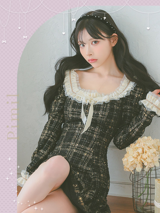 ネックリボン チュール フリル ツイード チェック柄 長袖 フレアミニドレスのイメージ画像1