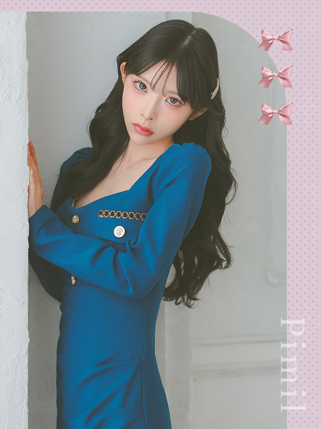 長袖 チェーン メタルボタン ストレッチ ギャザー 膝丈ドレスのイメージ画像1