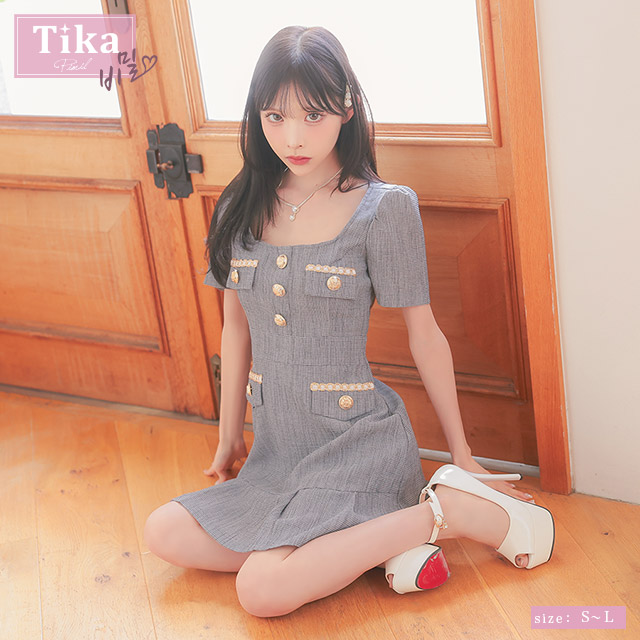 半袖 ゴールドチェーン ボタン フェイクポケット フレアミニドレスのメイン画像