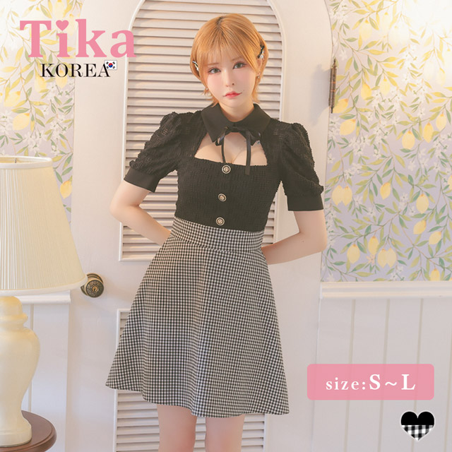 韓国ドレス ミニドレス ネックリボン 襟付き 半袖 パフスリーブ バストカット ギンガムチェック柄 谷間魅せ Aライン キャバドレスのメイン画像