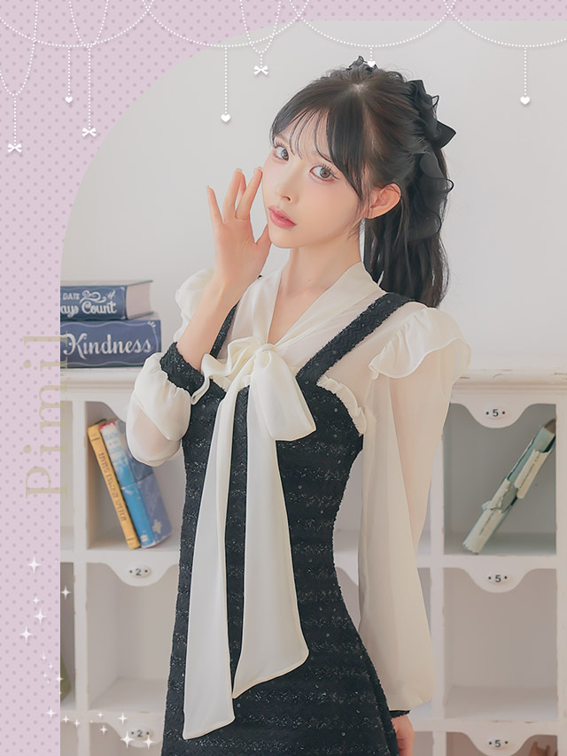 ボウタイ長袖フリルシフォンドッキングフレアミニドレスのイメージ画像1