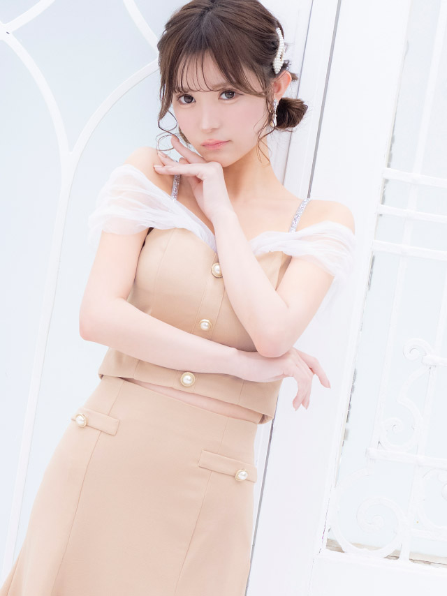 肩あき チュール パールボタン セットアップ フレアミニドレスのイメージ画像2