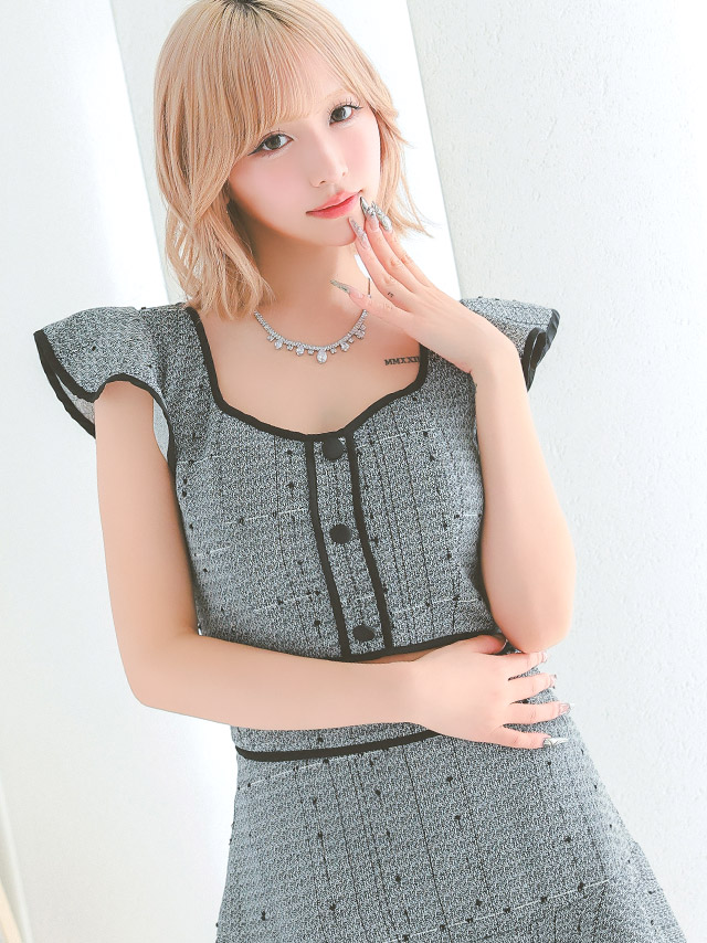 ノースリーブ フリル袖 ツイード パイピング セットアップ フレアミニドレスのイメージ画像2