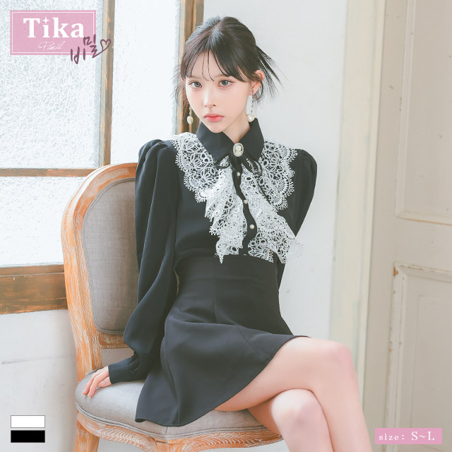 長袖刺繍レースフリルブラウス×ミニスカートパンツブローチ付きセットアップドレスのメイン画像