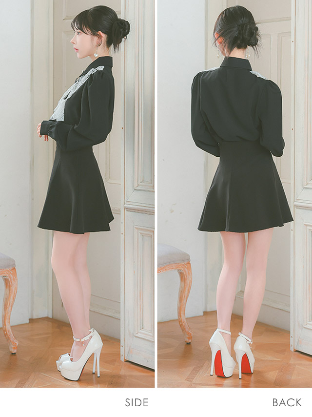 長袖刺繍レースフリルブラウス×ミニスカートパンツブローチ付きセットアップドレスのサイドバッグ全身