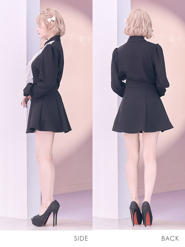 セットアップ ブローチ付き 長袖 ケミカルレース 襟付き フリル ブラウス スカートパンツ フレアミニドレスのサイドバッグ全身