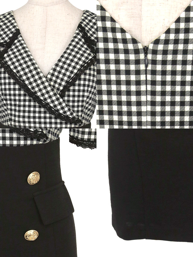 [韓国ドレス] ワンピース タイト ミニドレス ギンガムチェック柄 袖あり 襟付き テーラード パフスリーブ 五分袖 ブラジャーのままキャバドレスの商品特徴1