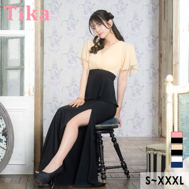 シアー半袖フレアスリーブカシュクール切り替えペプラムスリットバイカラータイトロングドレスのメイン画像