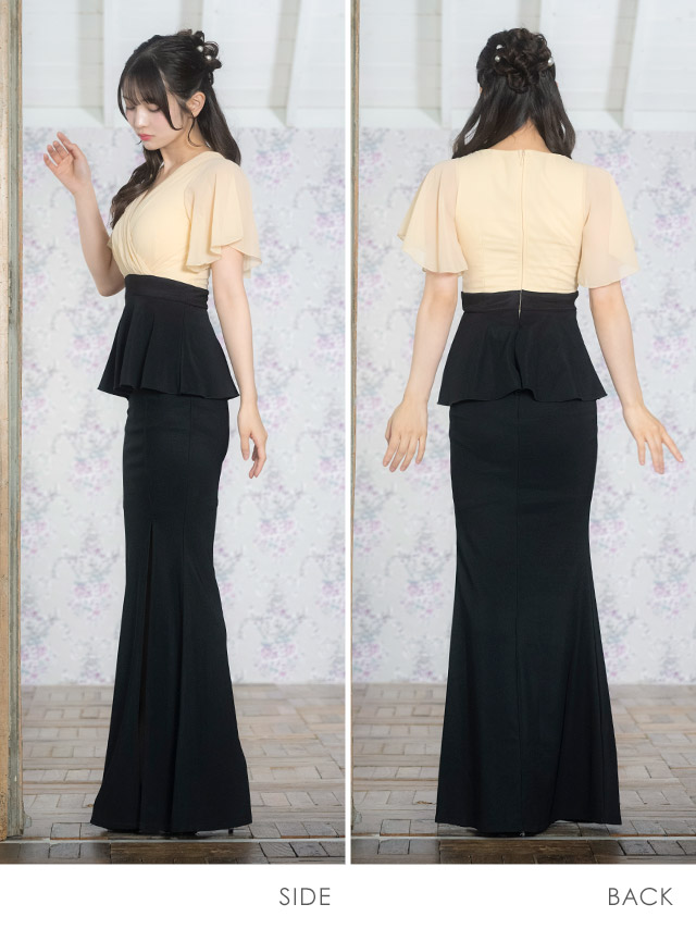 シアー半袖フレアスリーブカシュクール切り替えペプラムスリットバイカラータイトロングドレスのサイドバッグ全身