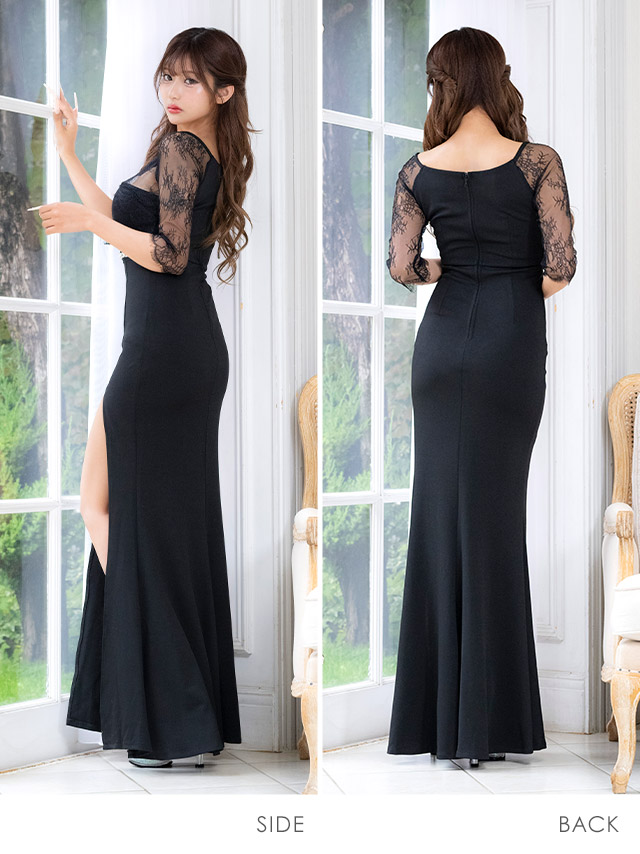 タイト ロングドレス 谷間 大きいサイズ レース 大人 スリット ストレッチ 袖あり 七分袖 ジップ バストカット ウエストビジューライン ワンカラー キャバドレスのサイドバッグ全身