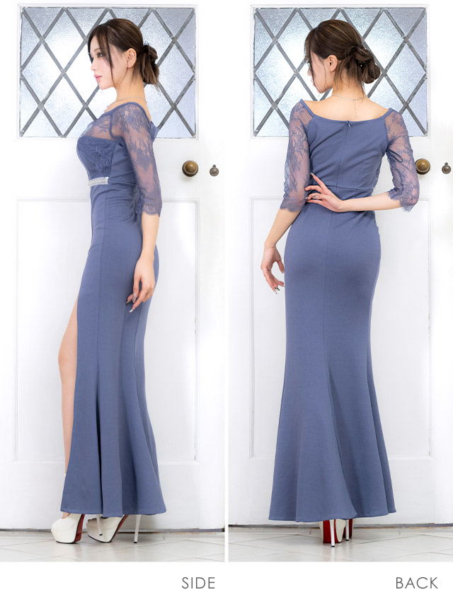 タイト ロングドレス 谷間 大きいサイズ レース 大人 スリット ストレッチ 袖あり 七分袖 ジップ バストカット ウエストビジューライン キャバドレスのサイドバッグ全身