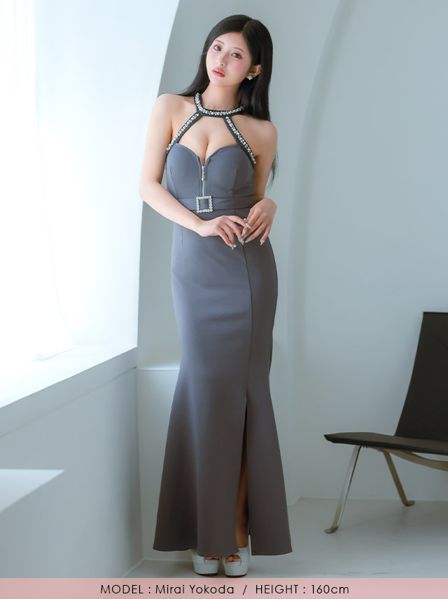 ロングドレス ホルターネック キラキラ ビジュー ジップ 谷間 セクシー ベルト付き パール マーメイド ストレッチ スリット 大きいサイズ グレー XL XXL タイト キャバドレスのフロント全身
