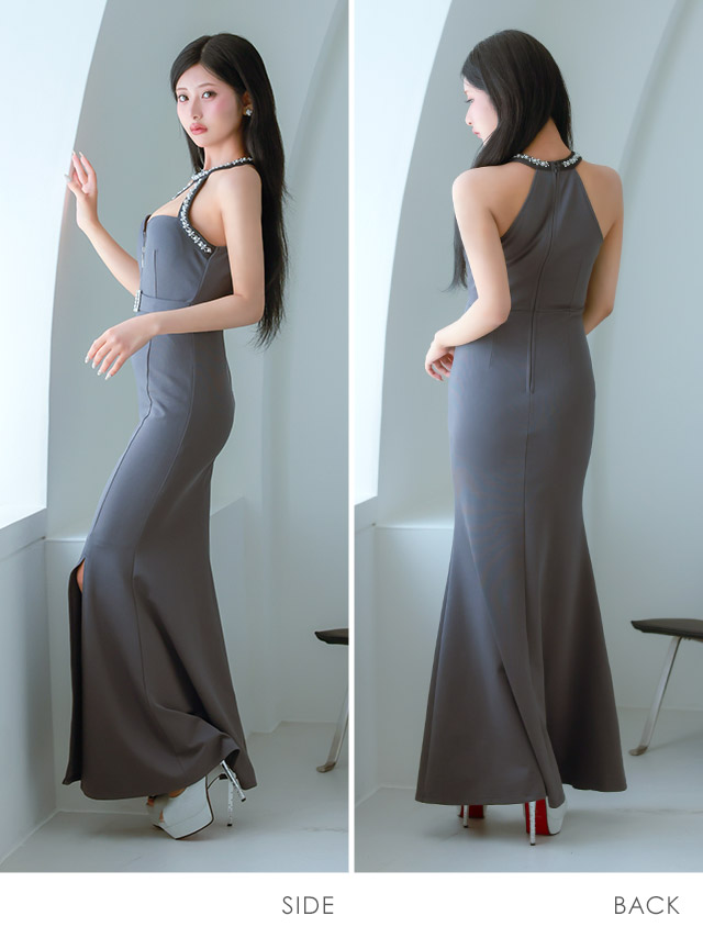 ロングドレス ホルターネック キラキラ ビジュー ジップ 谷間 セクシー ベルト付き パール マーメイド ストレッチ スリット 大きいサイズ グレー XL XXL タイト キャバドレスのサイドバッグ全身