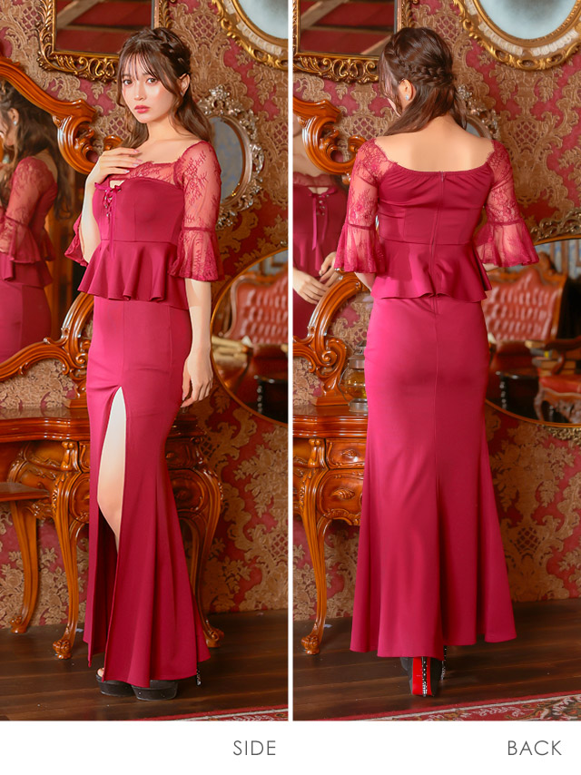 タイト ロングドレス 谷間 大きいサイズ レース スリット 袖あり 五分袖 ペプラム キャバドレスのサイドバッグ全身