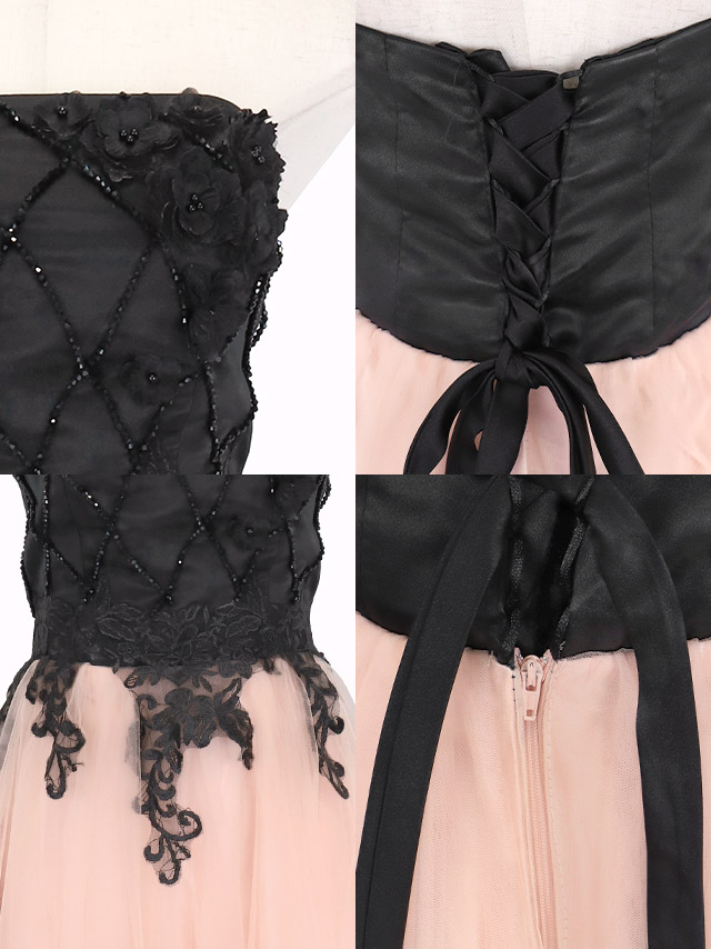 ロングドレス バースデー バックリボン レースアップ ベア 立体フラワー 刺繍 バイカラー チュール 高身長 Aライン 黒 ピンク XL XXL XSあり キャバドレスの商品特徴