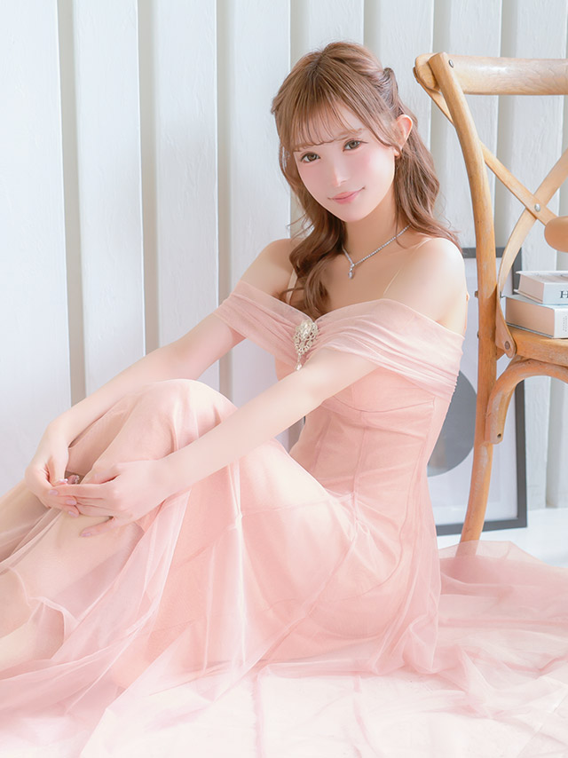 ロングドレス バースデー 肩あき ビジューチャーム チュール 高身長 Aライン ピンク キャバドレスのイメージ画像2
