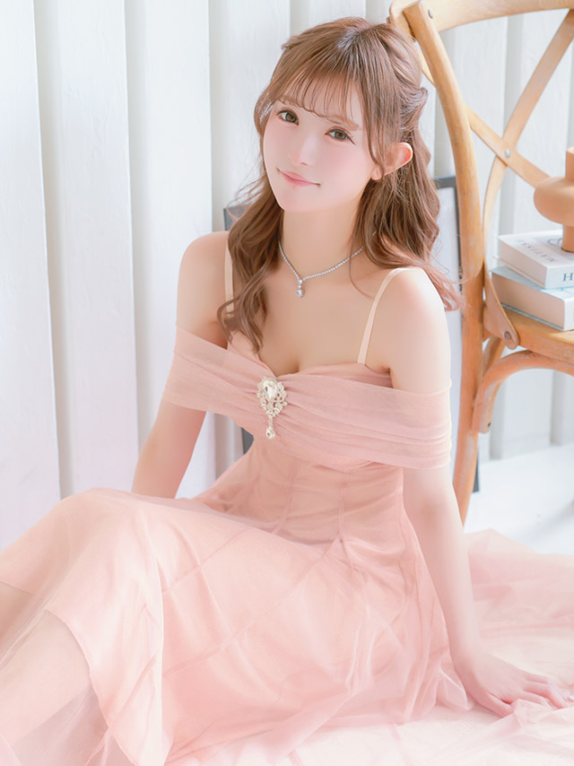 ロングドレス バースデー 肩あき ビジューチャーム チュール 高身長 Aライン ピンク キャバドレスのイメージ画像4