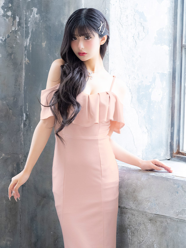 ロングドレス 肩あき タイト ストレッチ フリル 胸元カバー 高身長 ワンカラー 大きいサイズ XL XXL 水色 キャバドレスのイメージ画像1