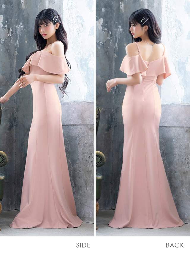 ロングドレス 肩あき タイト ストレッチ フリル 胸元カバー 高身長 ワンカラー 大きいサイズ XL XXL 水色 キャバドレスのサイドバッグ全身