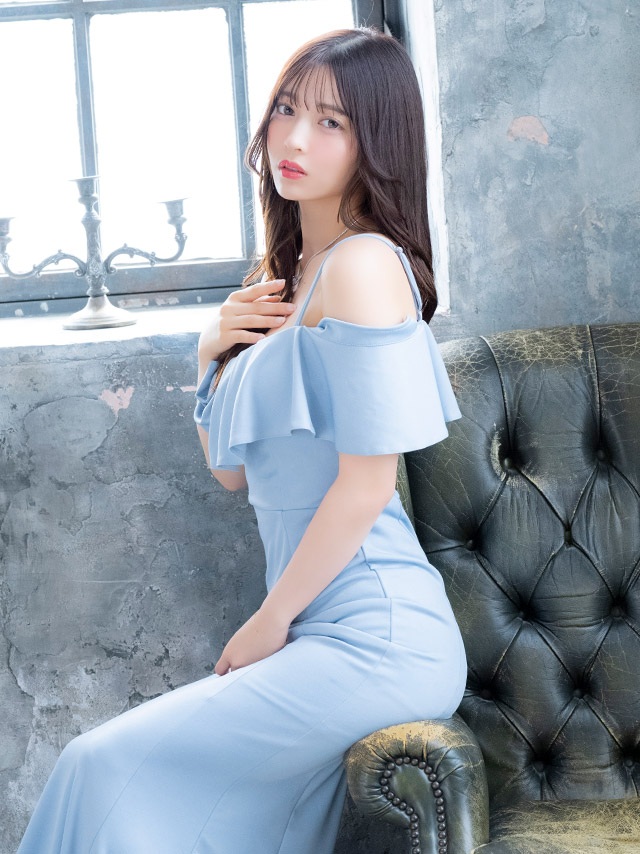 ロングドレス 肩あき タイト ストレッチ フリル 胸元カバー 高身長 ワンカラー 大きいサイズ XL XXL 水色 キャバドレスのイメージ画像3