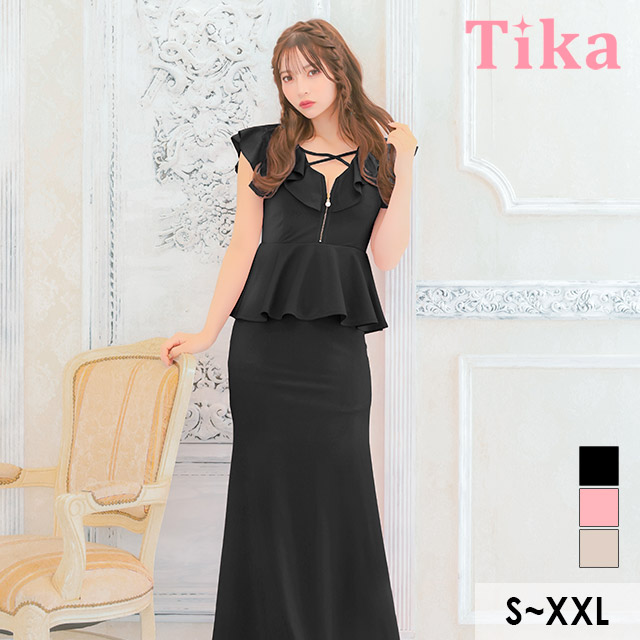 タイト ロングドレス 谷間 大きいサイズ スリット ノースリーブ ストレッチ ペプラム ジップ ボリュームフリル クロスデザイン ワンカラー キャバドレスのメイン画像