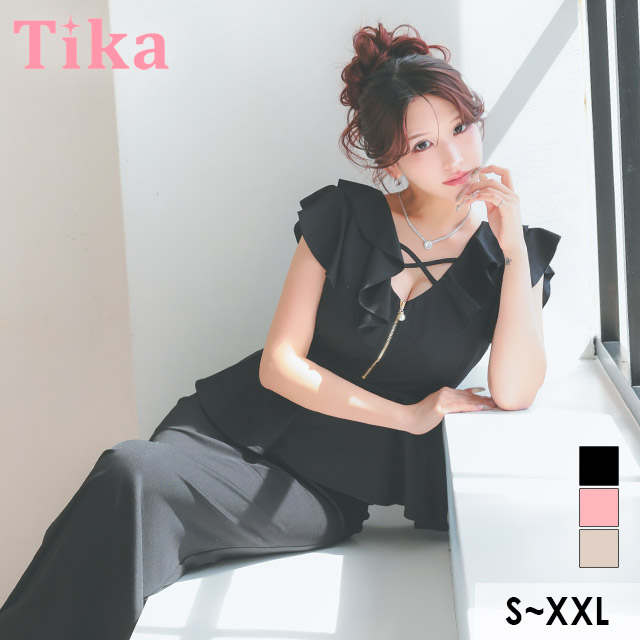 ロングドレス ペプラム スリット ノースリーブ ストレッチ ジップ フリル袖 クロスネック ワンカラー タイト 大きいサイズ XL XXL 黒 キャバドレスのメイン画像
