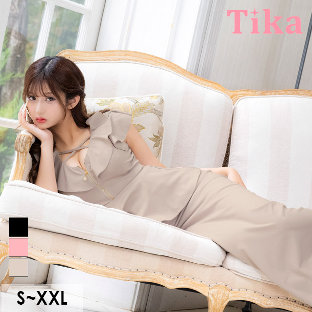 タイト ロングドレス 谷間 大きいサイズ レース スリット ノースリーブ ペプラム ジップ フリル袖 クロスネック ワンカラー キャバドレスのメイン画像