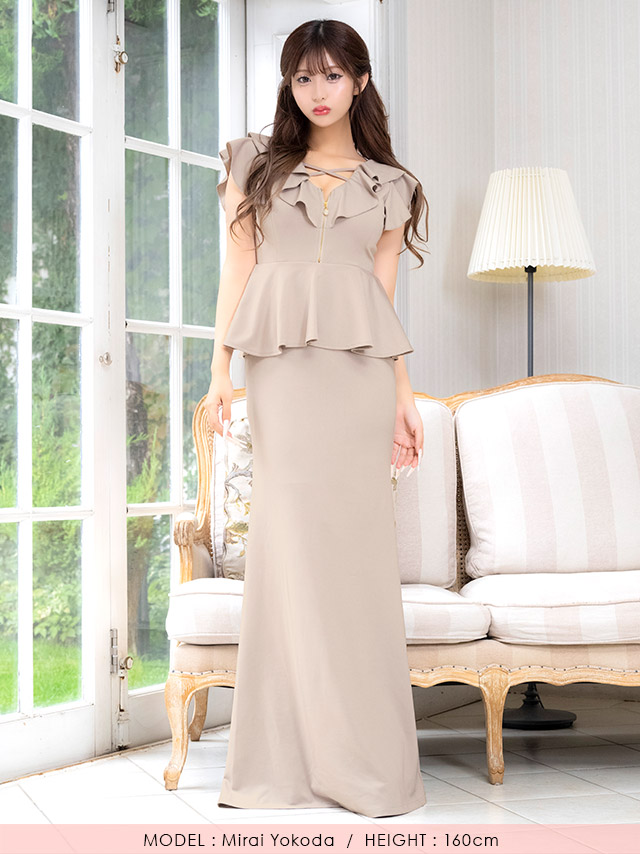 タイト ロングドレス 谷間 大きいサイズ レース スリット ノースリーブ ペプラム ジップ フリル袖 クロスネック ワンカラー キャバドレスのフロント全身