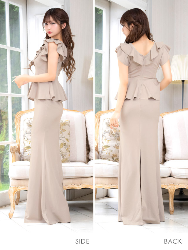 タイト ロングドレス 谷間 大きいサイズ レース スリット ノースリーブ ペプラム ジップ フリル袖 クロスネック ワンカラー キャバドレスのサイドバッグ全身